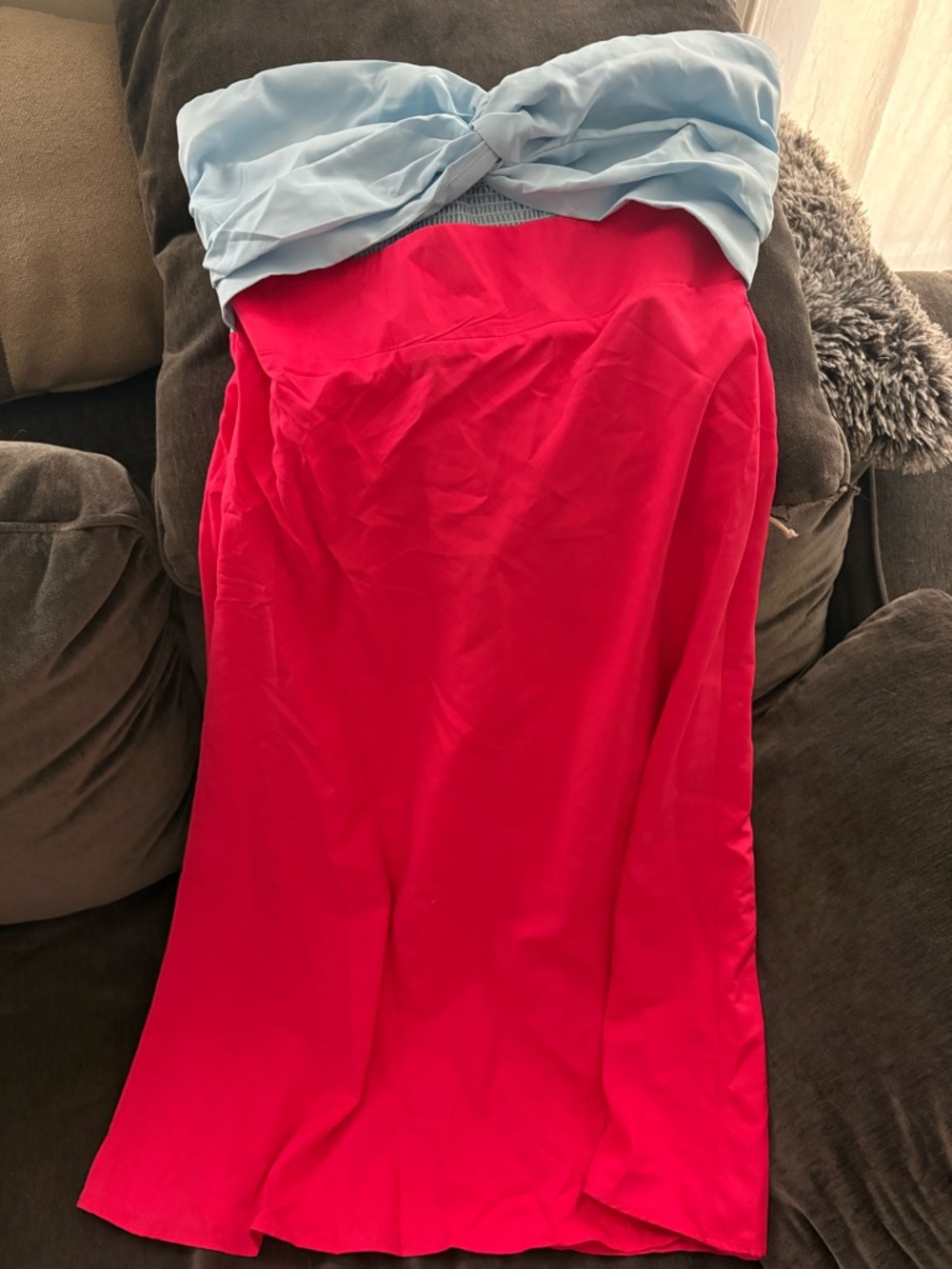 Strapless Two-Tone Red and Light Blue Maxi Dress